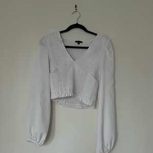 Elegant White Smocked Women's Top with Balloon Sleeves